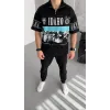 Unisex Baskılı Yarım Fermuarlı T-Shirt - Siyah - 122968