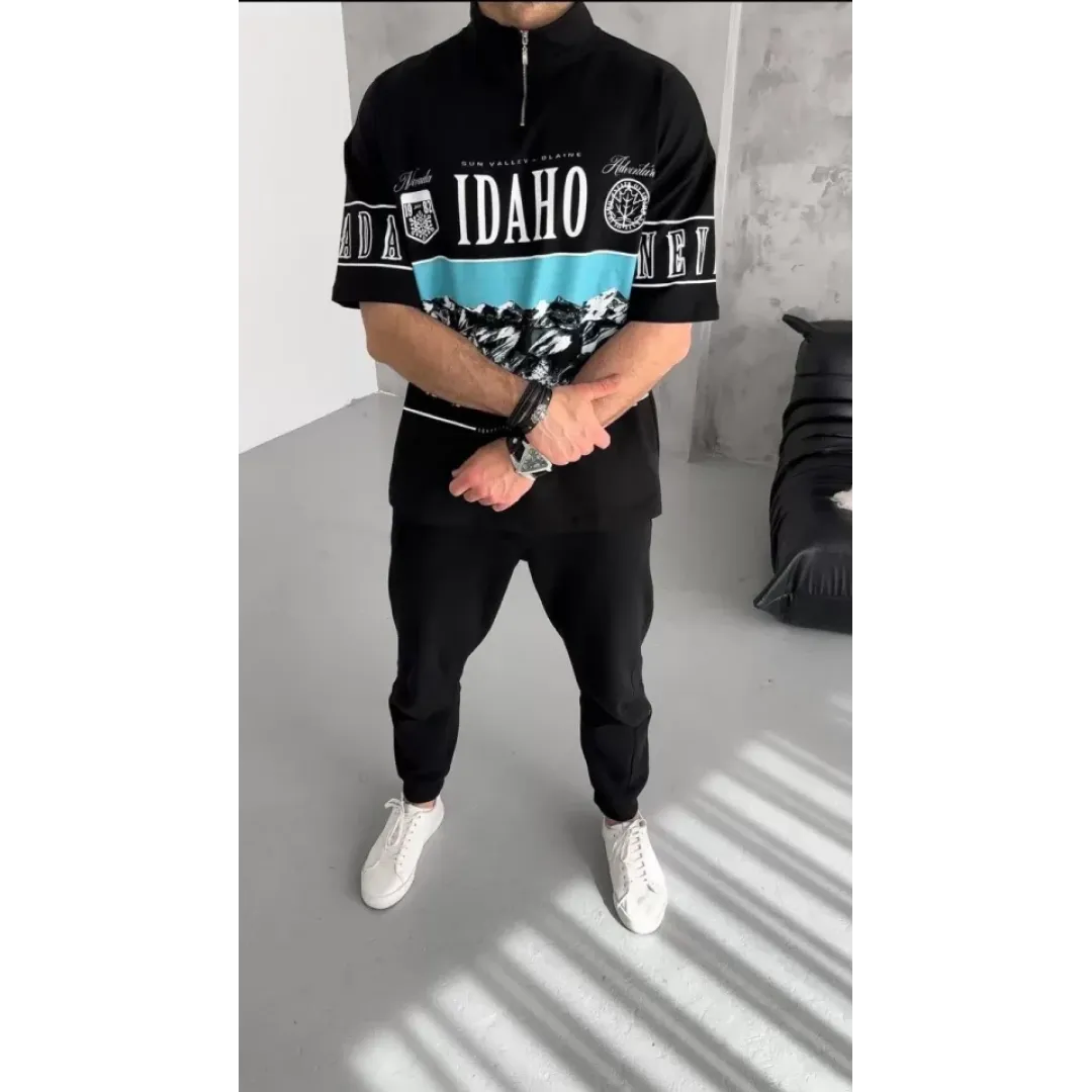 Unisex Baskılı Yarım Fermuarlı T-Shirt - Siyah - 122968