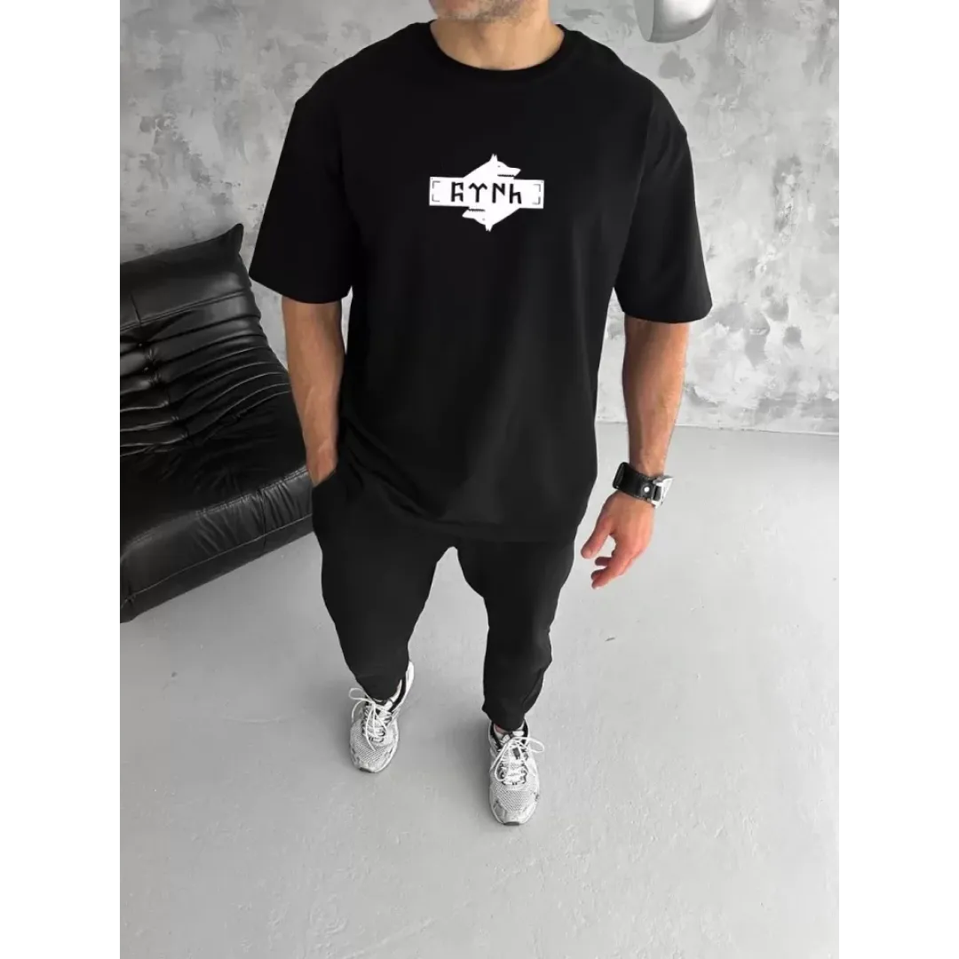 Unisex Bisiklet Yaka Baskılı Double Oversize T-Shirt - Siyah - 123490 Unisex Bisiklet Yaka Baskılı Double Oversize T-Shirt - Siyah - 123490