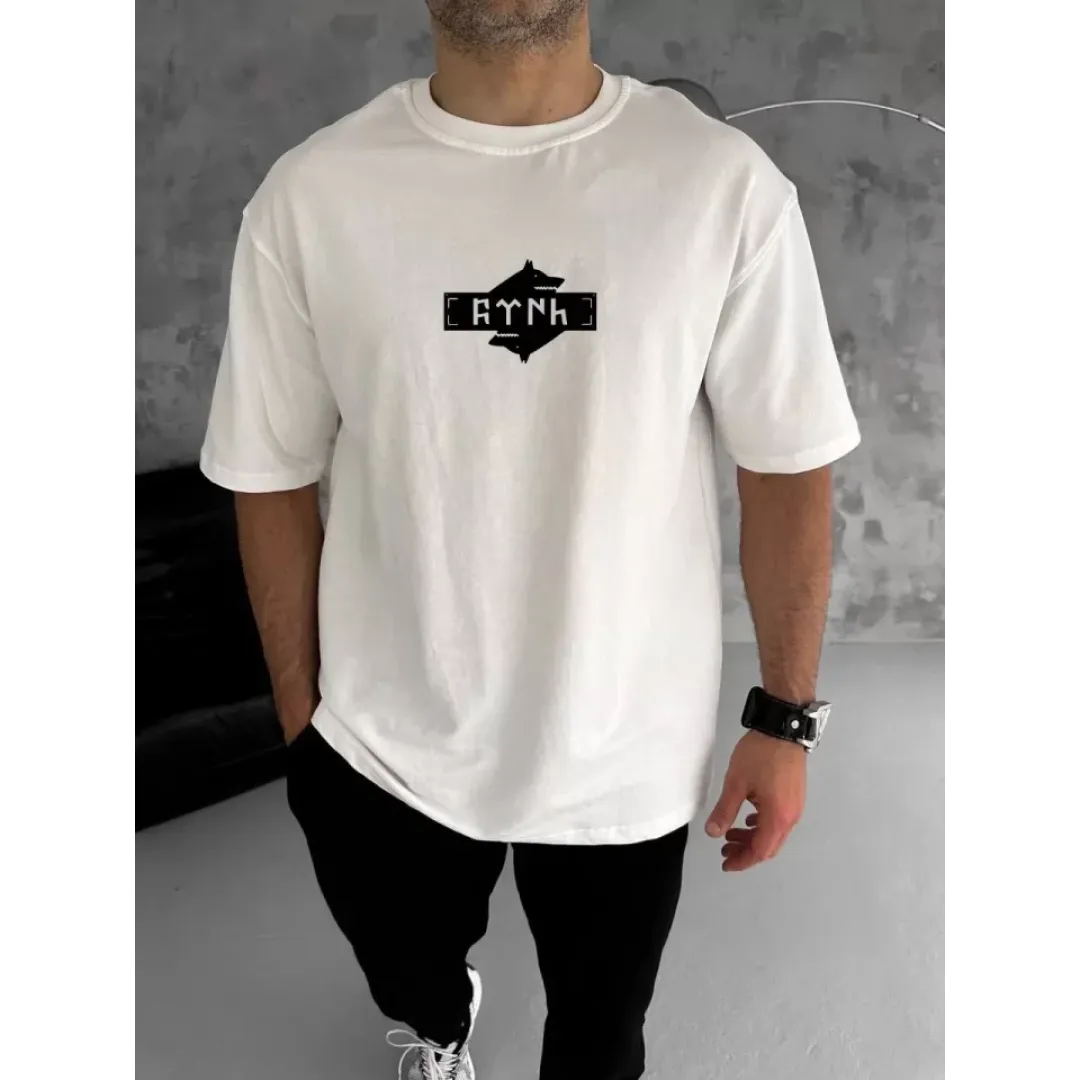 Unisex Bisiklet Yaka Baskılı Double Oversize T-Shirt - Beyaz - 123491 Unisex Bisiklet Yaka Baskılı Double Oversize T-Shirt - Beyaz - 123491