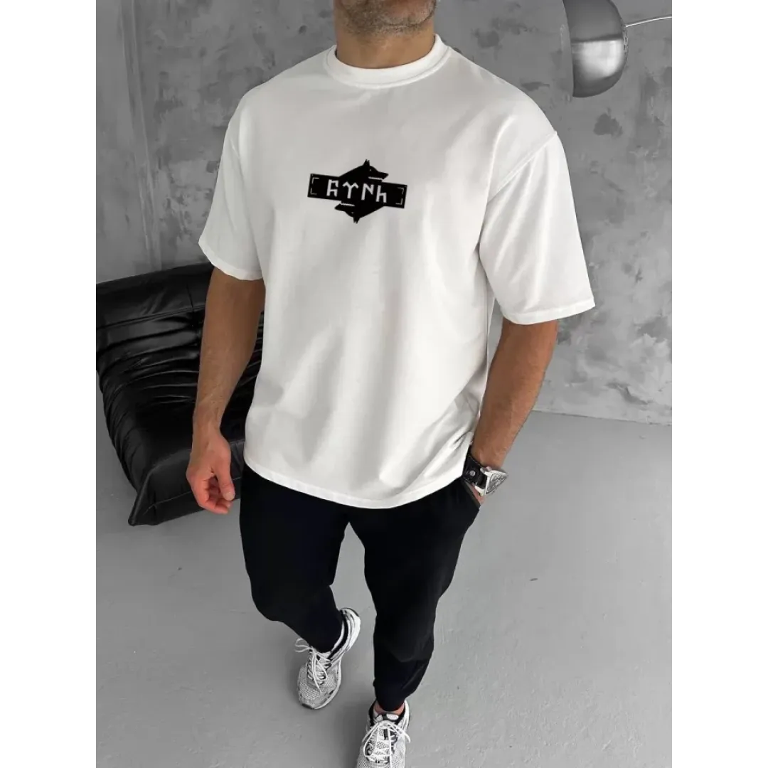 Unisex Bisiklet Yaka Baskılı Double Oversize T-Shirt - Beyaz - 123491 Unisex Bisiklet Yaka Baskılı Double Oversize T-Shirt - Beyaz - 123491