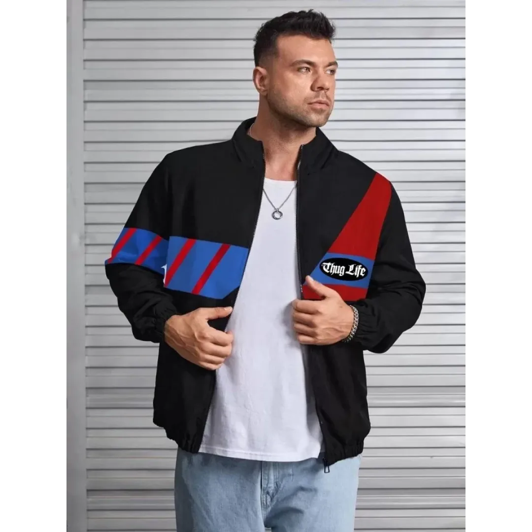Unisex Uzun Koll Fermuarlı Baskılı Rüzgarlik - Siyah - 124166