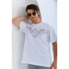 Unisex Oversize Taşlı Bisiklet Yaka T-Shirt - Beyaz - 126091 Unisex Oversize Taşlı Bisiklet Yaka T-Shirt - Beyaz - 126091