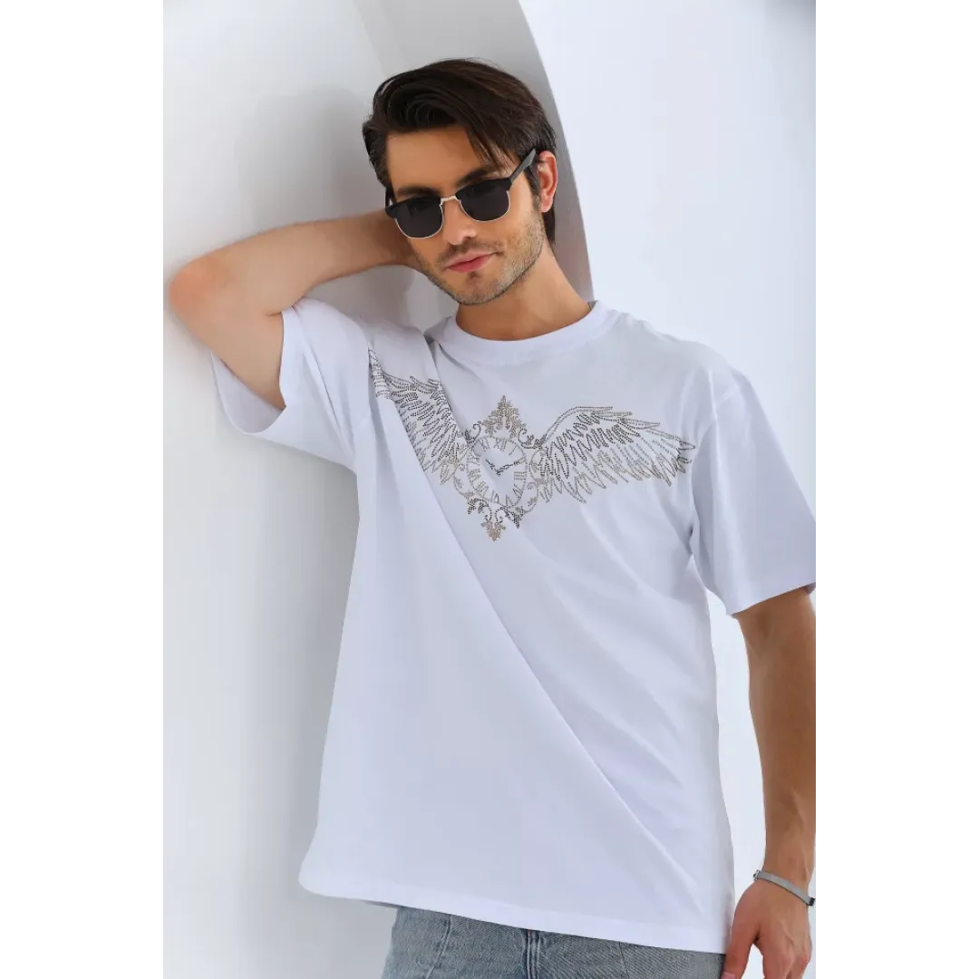 Unisex Oversize Taşlı Bisiklet Yaka T-Shirt - Beyaz - 126091 Unisex Oversize Taşlı Bisiklet Yaka T-Shirt - Beyaz - 126091