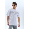 Unisex Oversize Taşlı Bisiklet Yaka T-Shirt - Beyaz - 126091 Unisex Oversize Taşlı Bisiklet Yaka T-Shirt - Beyaz - 126091