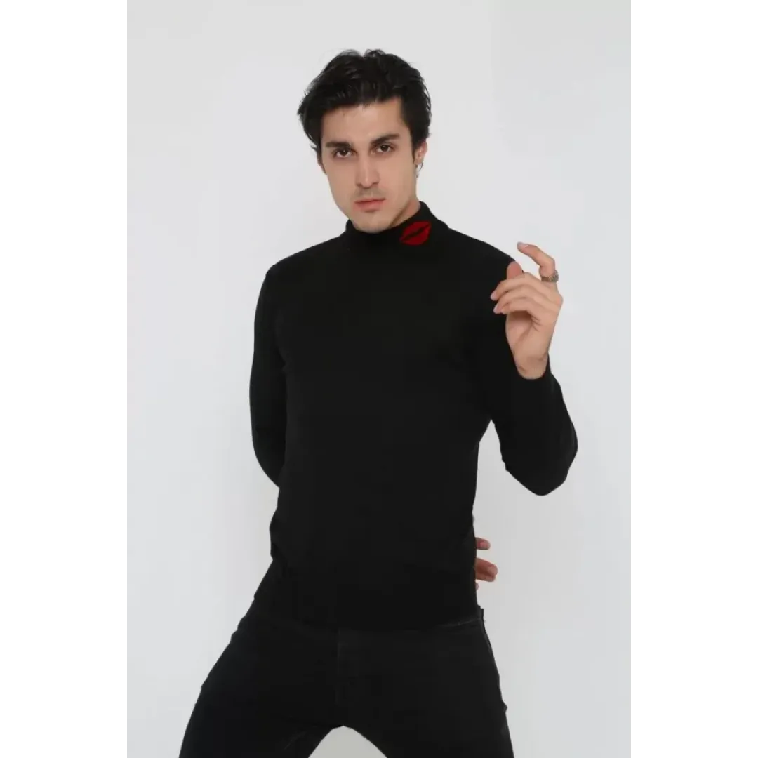 Unisex Yarım Boğazlı Baskılı Dokuma Triko - Siyah - 126230 Unisex Yarım Boğazlı Baskılı Dokuma Triko - Siyah - 126230