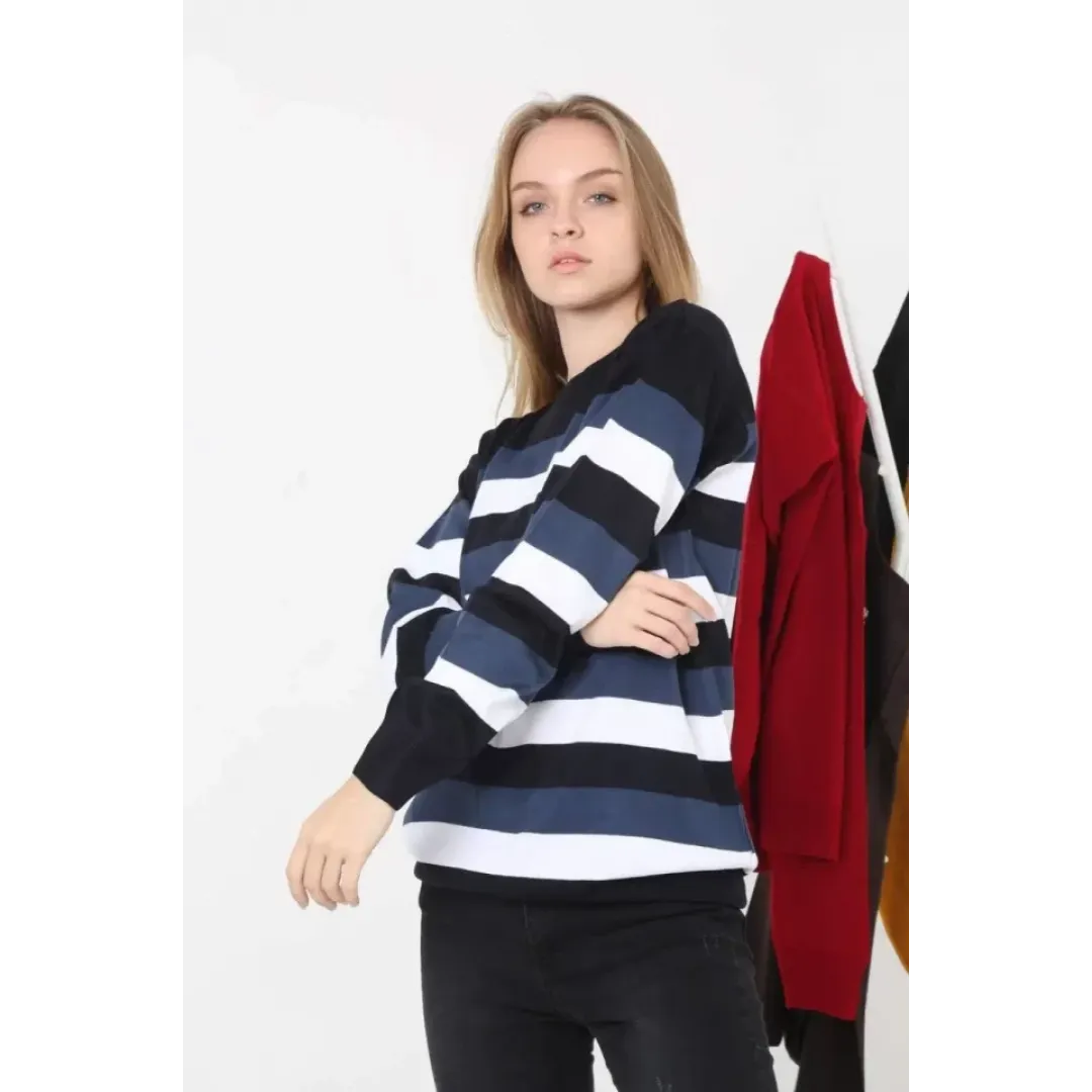 Unisex Kalın Çizgili Bisiklet Yaka Triko Kazak - Lacivert - 126240 Unisex Kalın Çizgili Bisiklet Yaka Triko Kazak - Lacivert - 126240