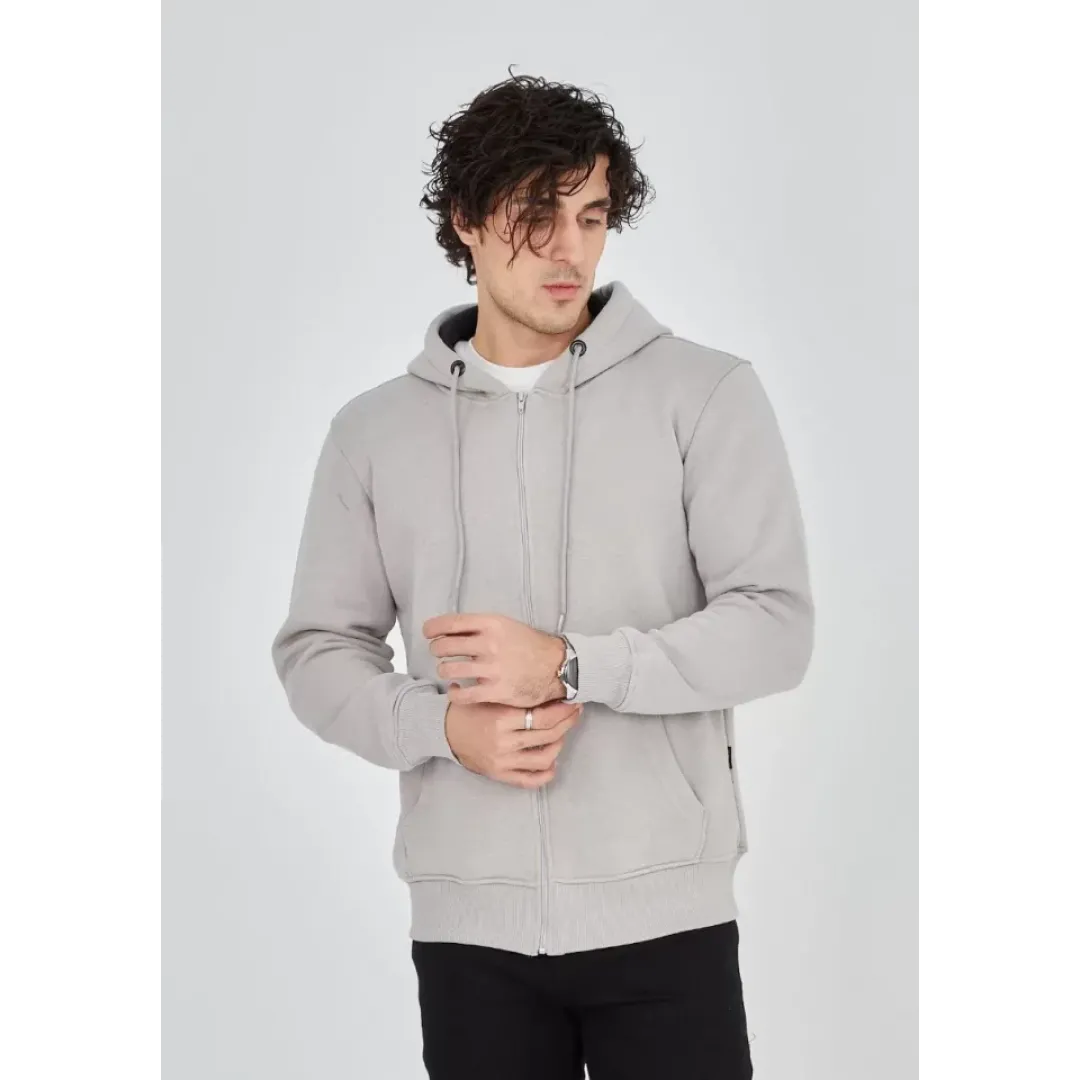 Unisex Tam Fermuarlı Kapşonlu  SweatShirt - Boyalı Gri - 126809