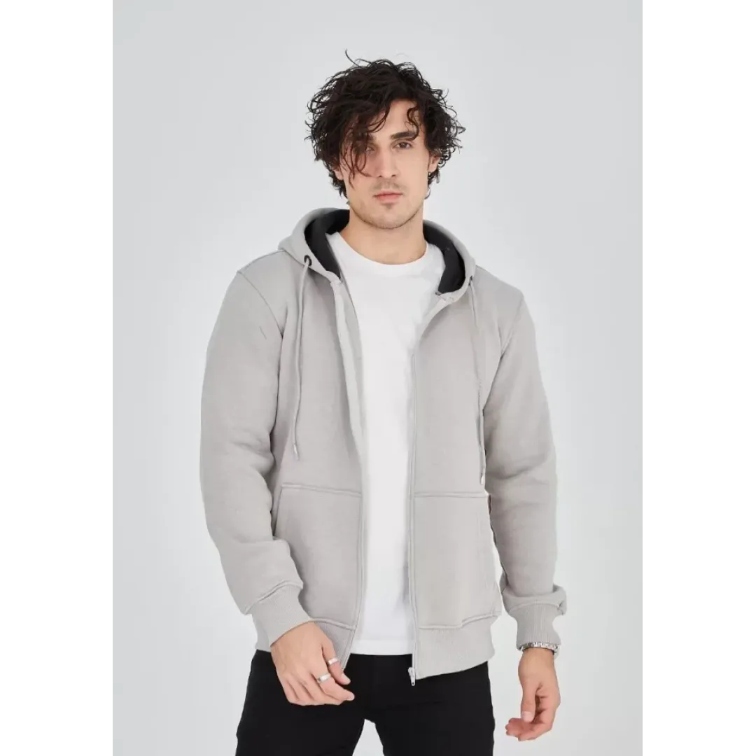 Unisex Tam Fermuarlı Kapşonlu  SweatShirt - Boyalı Gri - 126809