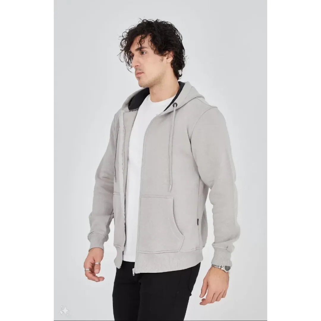 Unisex Tam Fermuarlı Kapşonlu  SweatShirt - Boyalı Gri - 126809