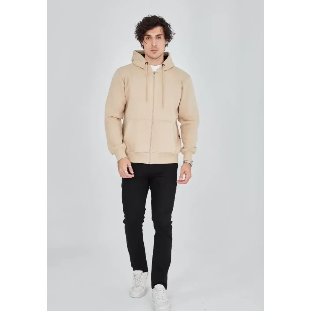 Unisex Tam Fermuarlı Kapşonlu SweatShirt - Bej - 126811 Unisex Tam Fermuarlı Kapşonlu SweatShirt - Bej - 126811