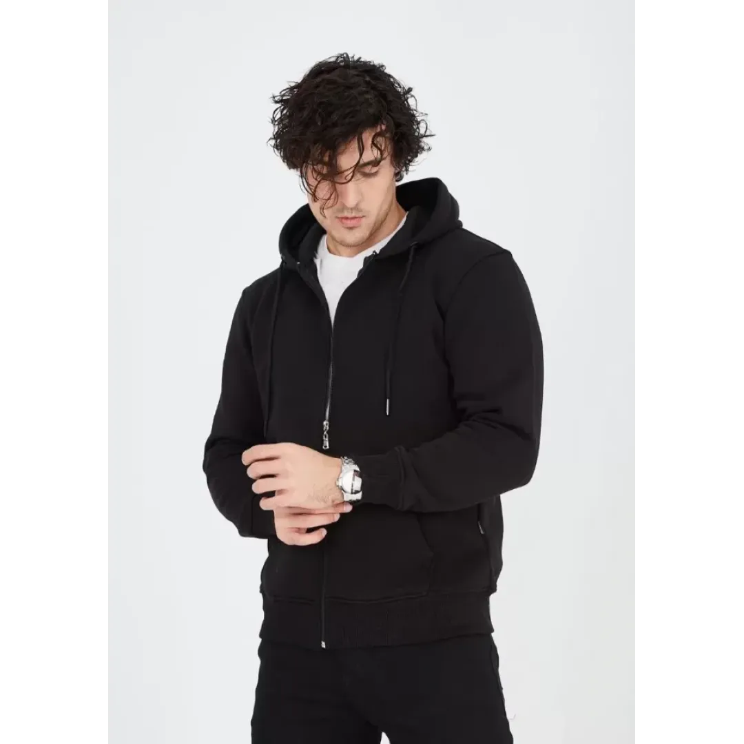 Unisex Tam Fermuarlı Kapşonlu  SweatShirt - Siyah - 126812