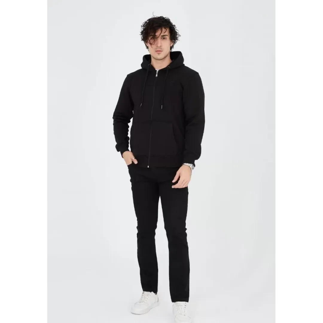 Unisex Tam Fermuarlı Kapşonlu  SweatShirt - Siyah - 126812