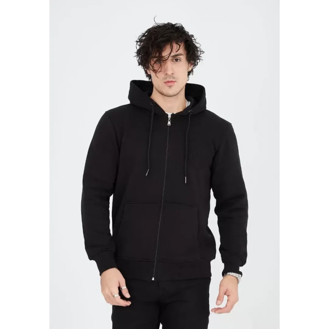 Unisex Tam Fermuarlı Kapşonlu  SweatShirt - Siyah - 126812