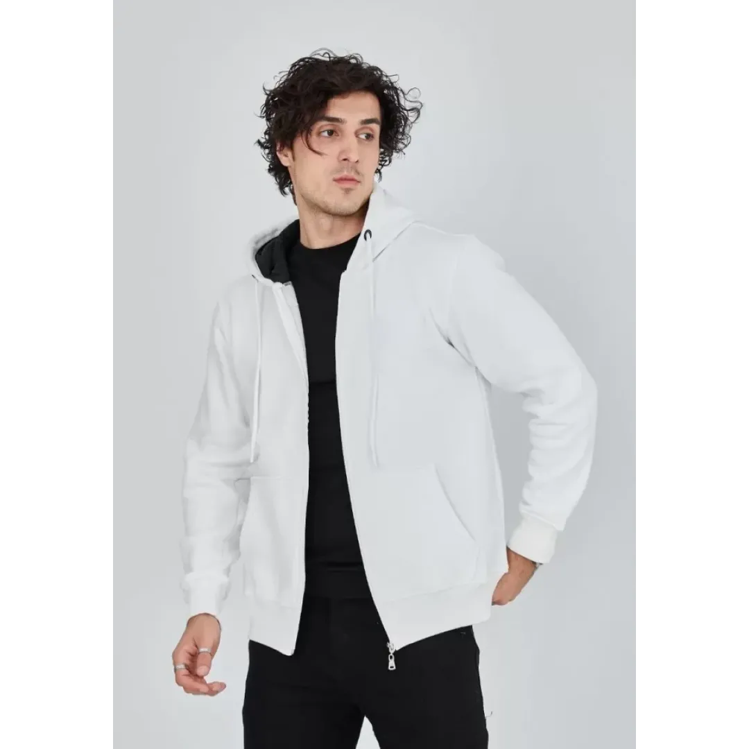 Unisex Tam Fermuarlı Kapşonlu SweatShirt - Beyaz - 126813 Unisex Tam Fermuarlı Kapşonlu SweatShirt - Beyaz - 126813