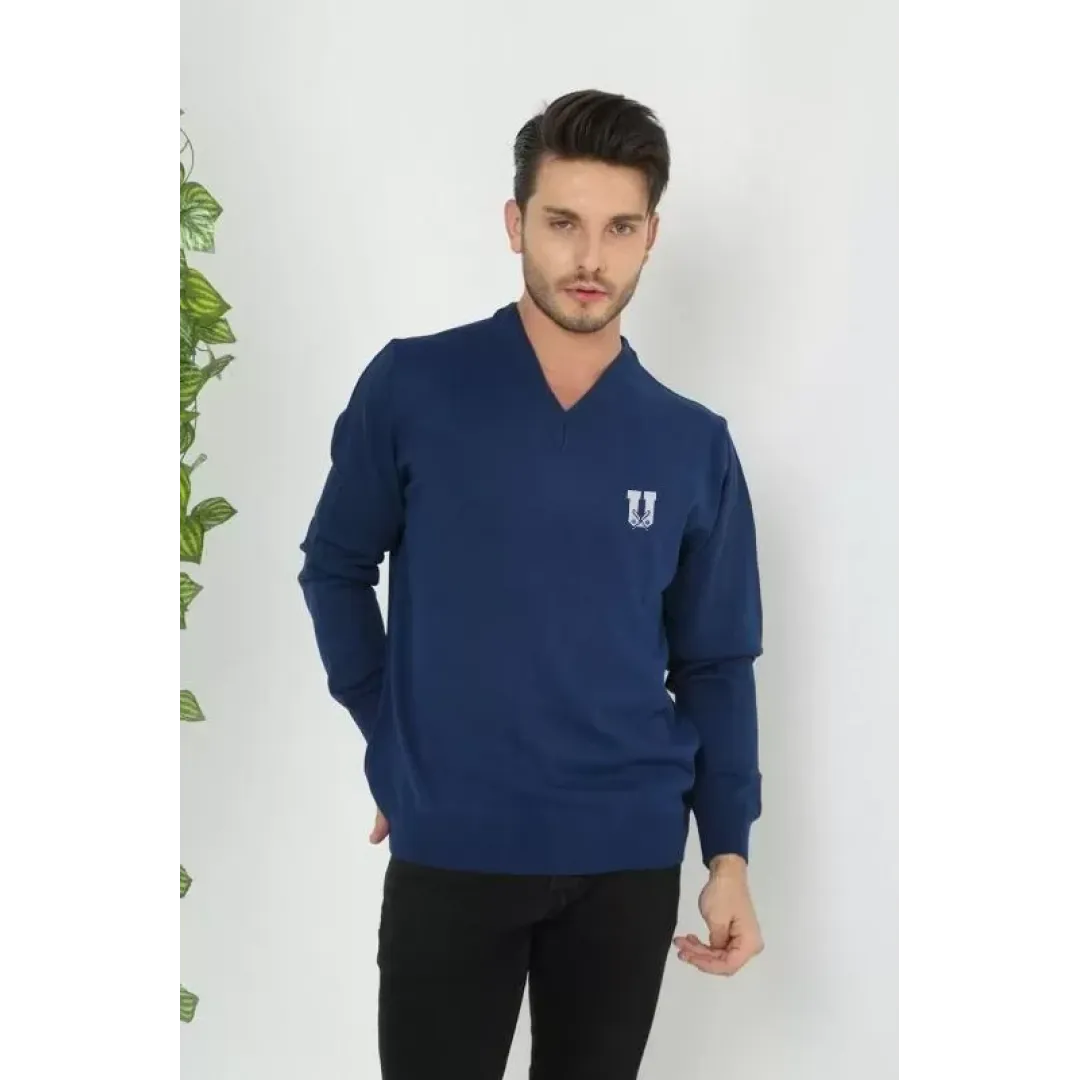 Baskılı V Yaka Uzun Kol Dokuma Triko - Indigo - 126821 Baskılı V Yaka Uzun Kol Dokuma Triko - Indigo - 126821