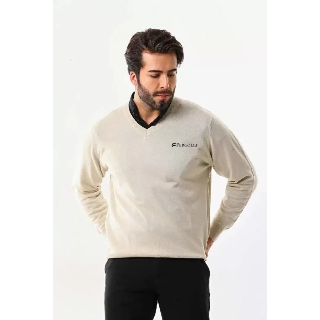 Baskılı V Yaka Uzun Kol Dokuma Triko - Bej - 126878 Baskılı V Yaka Uzun Kol Dokuma Triko - Bej - 126878