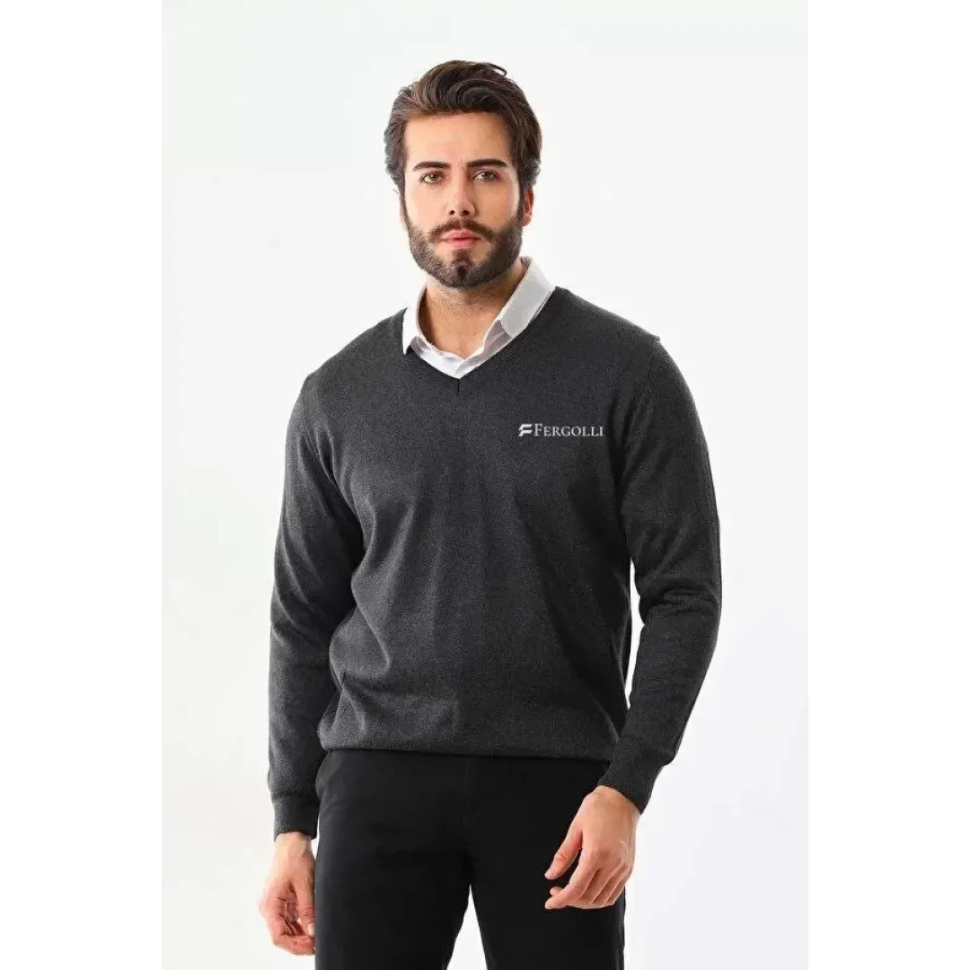 Baskılı V Yaka Uzun Kol Dokuma Triko - Füme - 126879 Baskılı V Yaka Uzun Kol Dokuma Triko - Füme - 126879