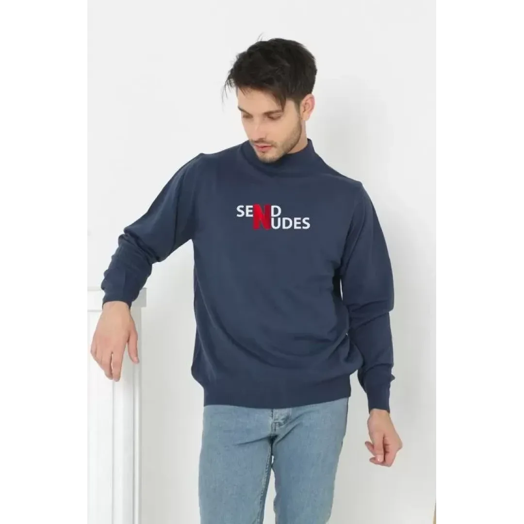 Unisex Yarım Boğazlı Baskılı Dokuma Triko - Indigo - 126969