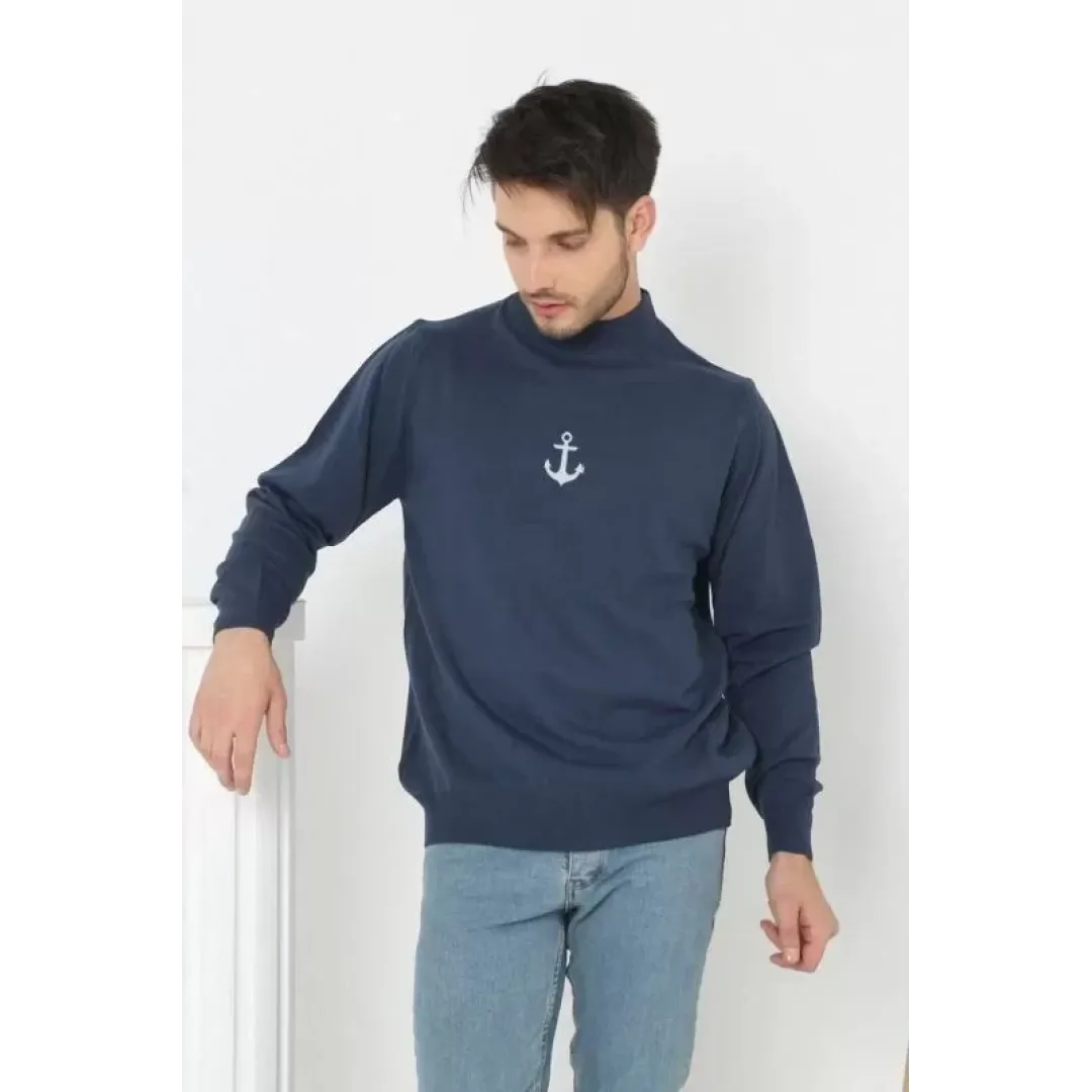 Unisex Yarım Boğazlı Baskılı Dokuma Triko - Indigo - 126982 Unisex Yarım Boğazlı Baskılı Dokuma Triko - Indigo - 126982