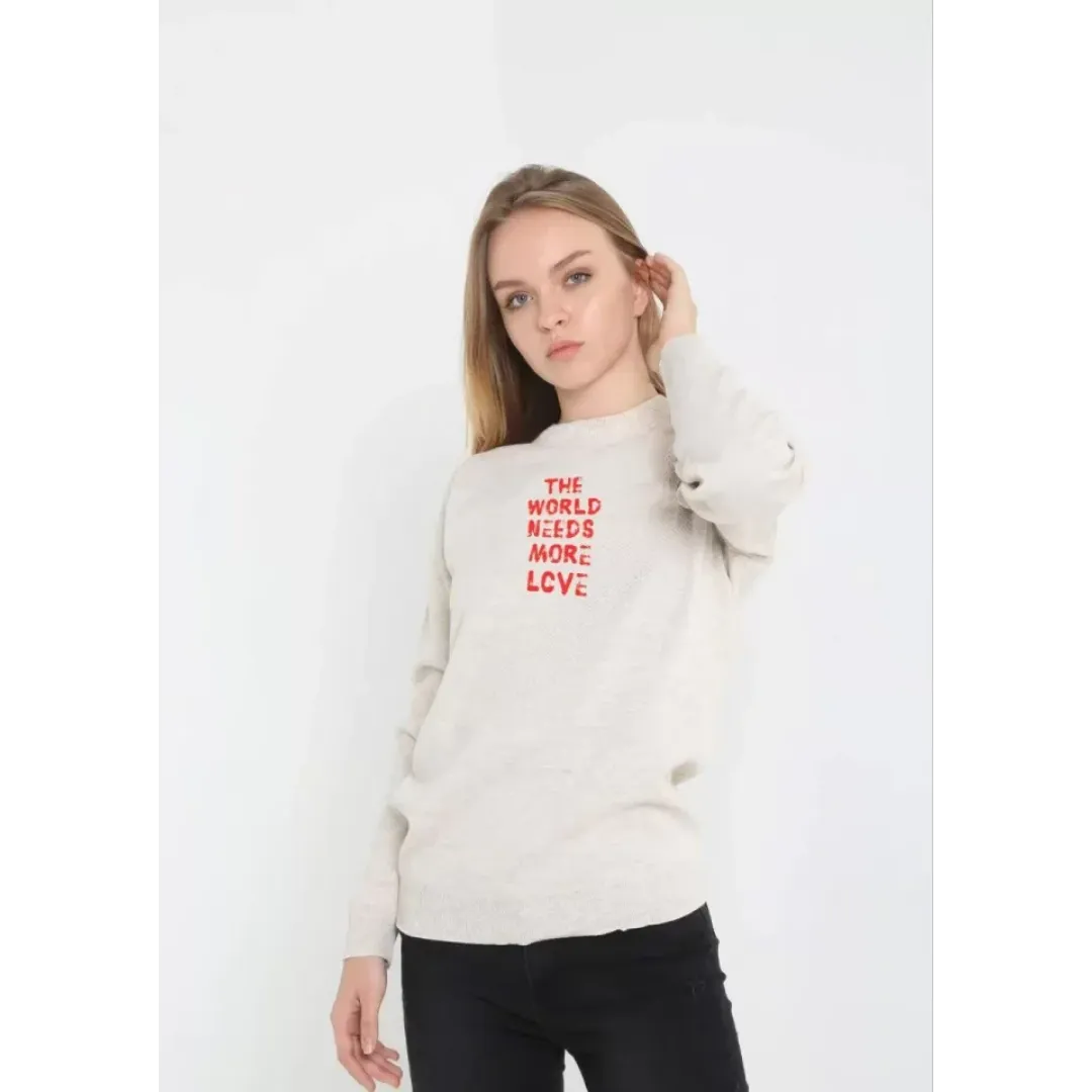 Unisex Bisiklet Yaka Baskılı Dokuma Triko - Bej - 127238 Unisex Bisiklet Yaka Baskılı Dokuma Triko - Bej - 127238