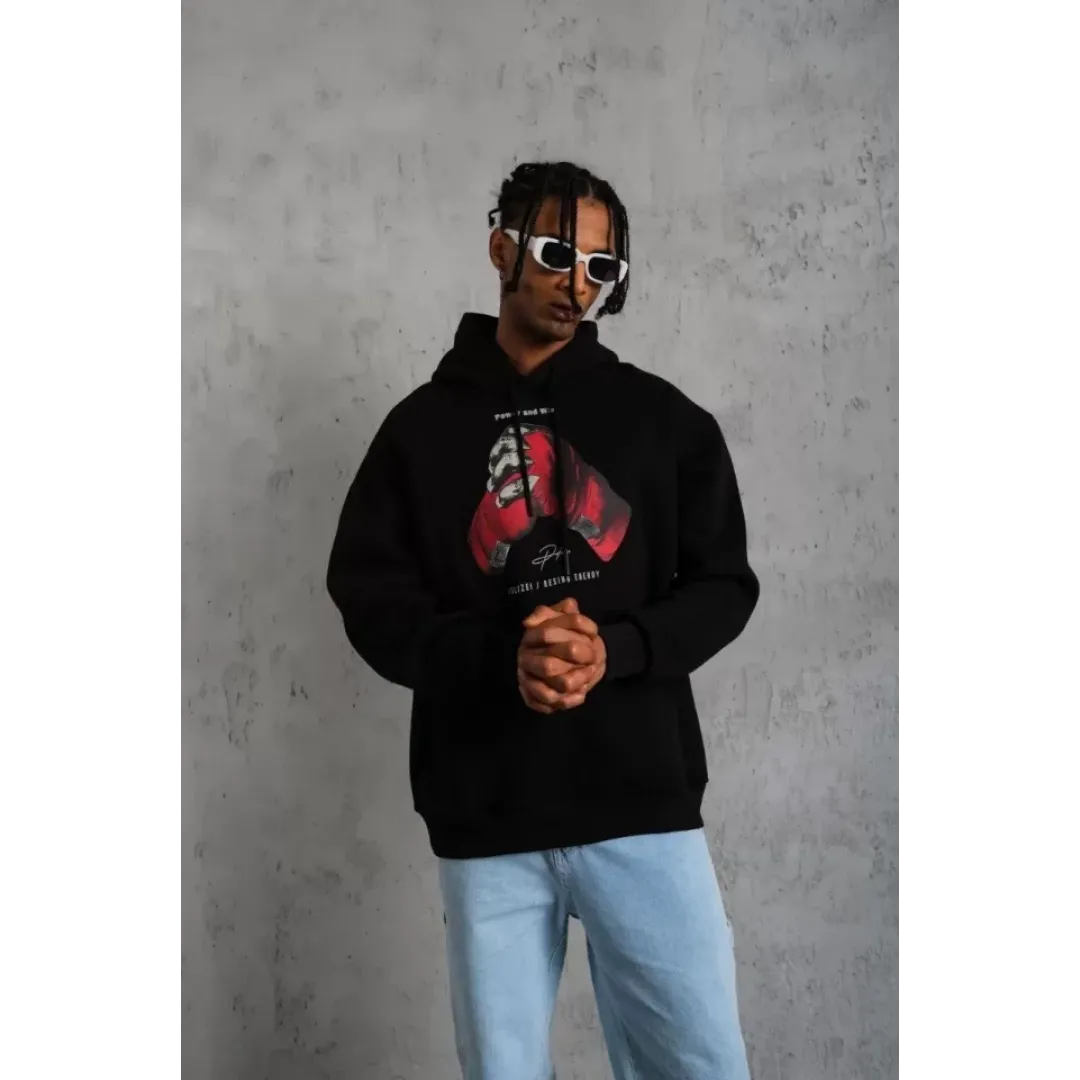 Erkek Eldiven Baskılı Kapüşonlu Sweat - Siyah - 127291 Erkek Eldiven Baskılı Kapüşonlu Sweat - Siyah - 127291