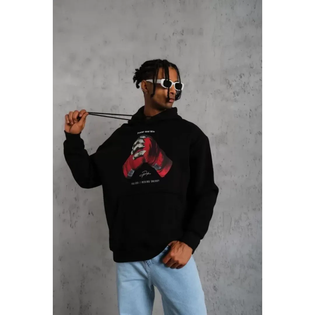 Erkek Eldiven Baskılı Kapüşonlu Sweat - Siyah - 127291 Erkek Eldiven Baskılı Kapüşonlu Sweat - Siyah - 127291