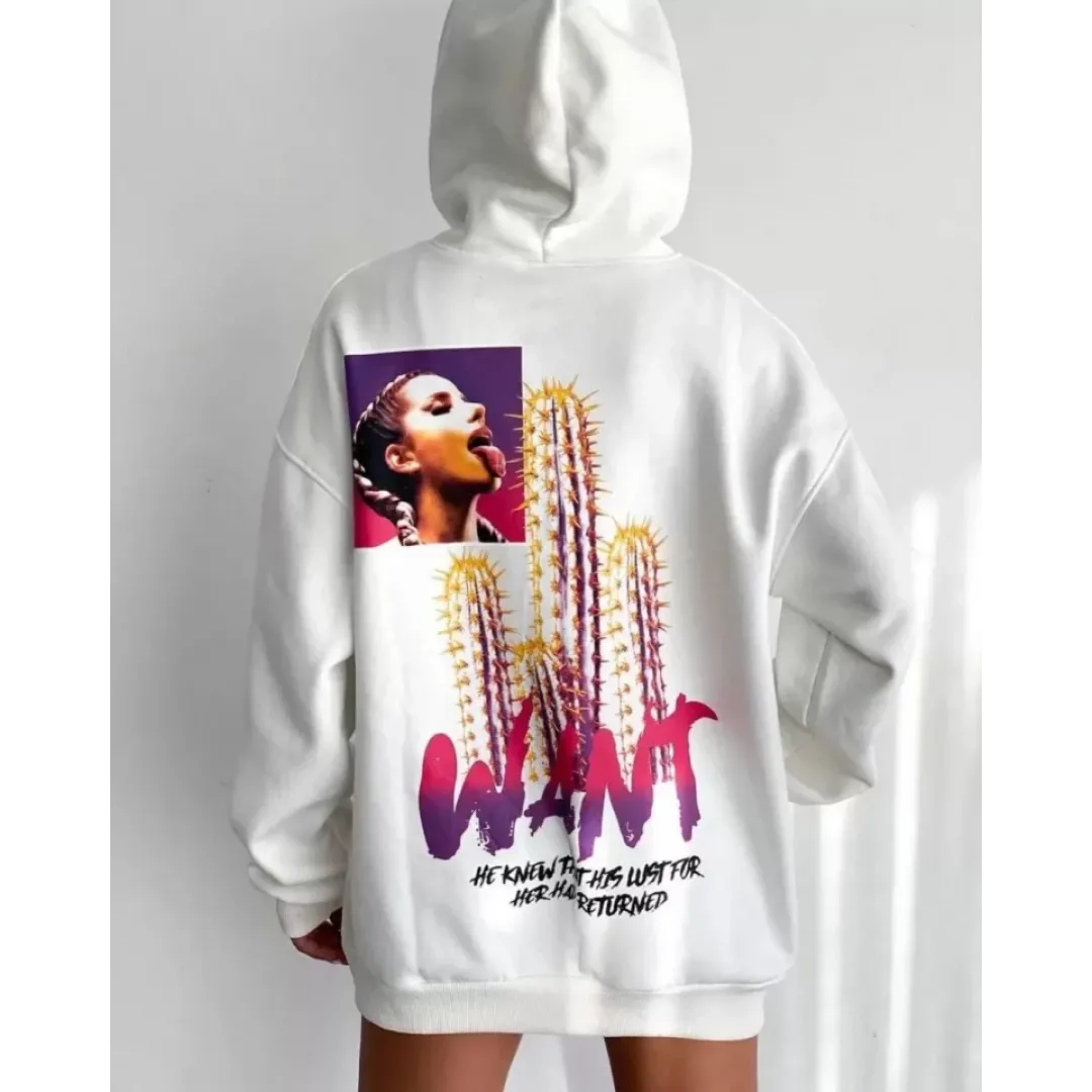 Baskılı Üç İplik Kapüşonlu Oversize Sweatshirt - Beyaz - 127363 Baskılı Üç İplik Kapüşonlu Oversize Sweatshirt - Beyaz - 127363