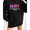 Baskılı Üç İplik Kapüşonlu Oversize Sweatshirt - Siyah - 127364 Baskılı Üç İplik Kapüşonlu Oversize Sweatshirt - Siyah - 127364