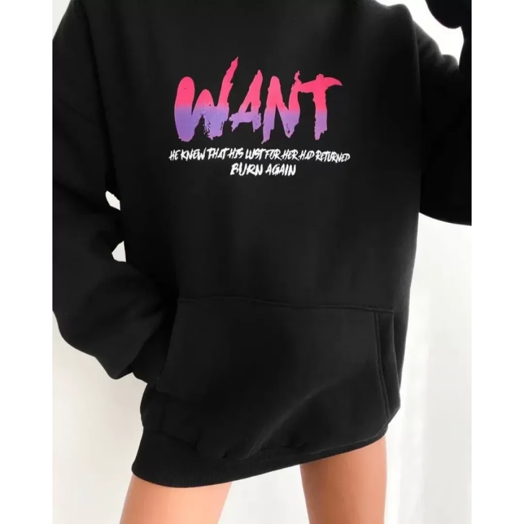 Baskılı Üç İplik Kapüşonlu Oversize Sweatshirt - Siyah - 127364 Baskılı Üç İplik Kapüşonlu Oversize Sweatshirt - Siyah - 127364
