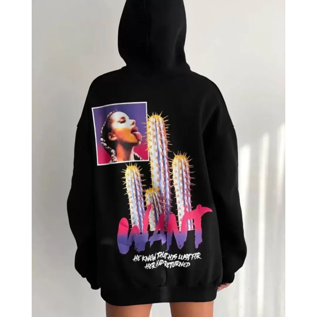 Baskılı Üç İplik Kapüşonlu Oversize Sweatshirt - Siyah - 127364 Baskılı Üç İplik Kapüşonlu Oversize Sweatshirt - Siyah - 127364