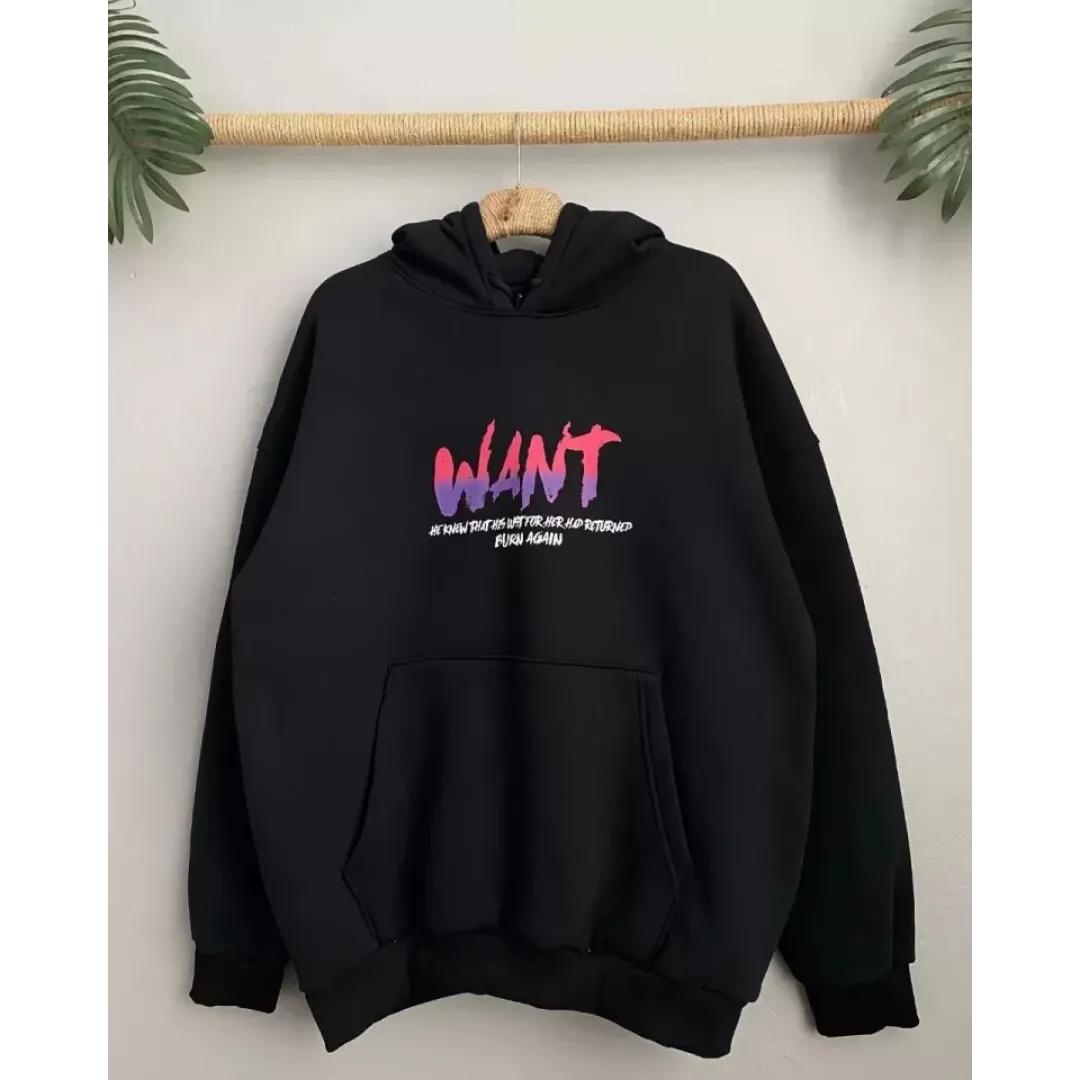 Baskılı Üç İplik Kapüşonlu Oversize Sweatshirt - Siyah - 127364 Baskılı Üç İplik Kapüşonlu Oversize Sweatshirt - Siyah - 127364