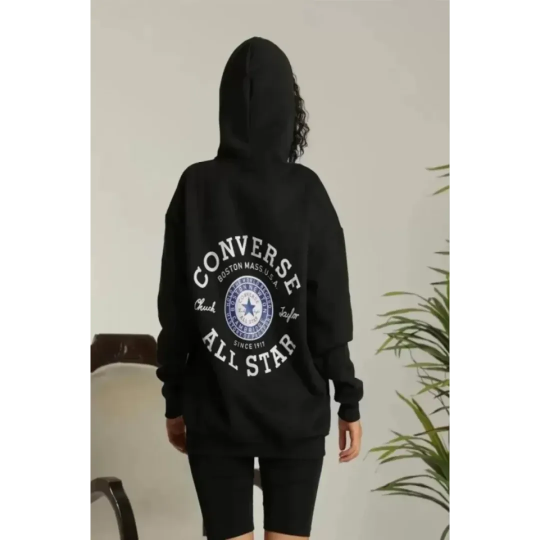 Unisex Kapüşonlu Üç İplik Oversize Baskılı Sweatshirt - Siyah - 127383 Unisex Kapüşonlu Üç İplik Oversize Baskılı Sweatshirt - Siyah - 127383