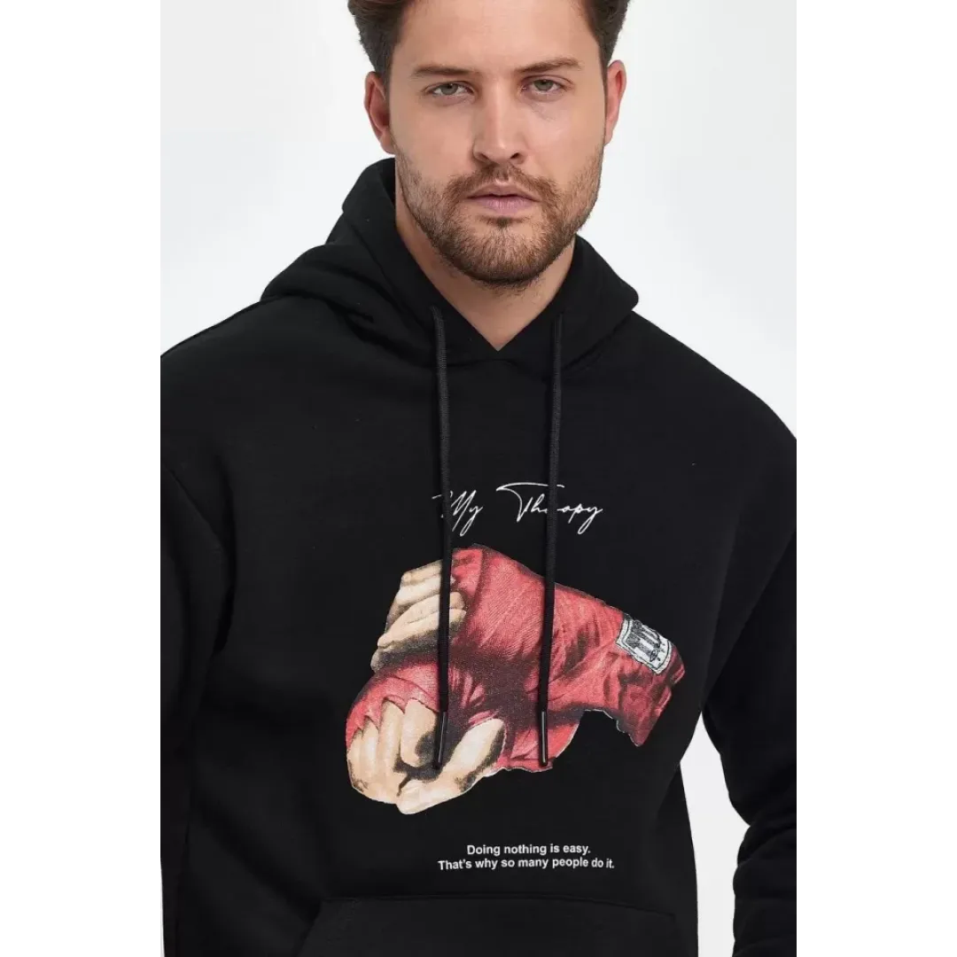 Unisex Kapüşonlu Üç İplik Oversize Baskılı Sweatshirt - Siyah - 127623 Unisex Kapüşonlu Üç İplik Oversize Baskılı Sweatshirt - Siyah - 127623