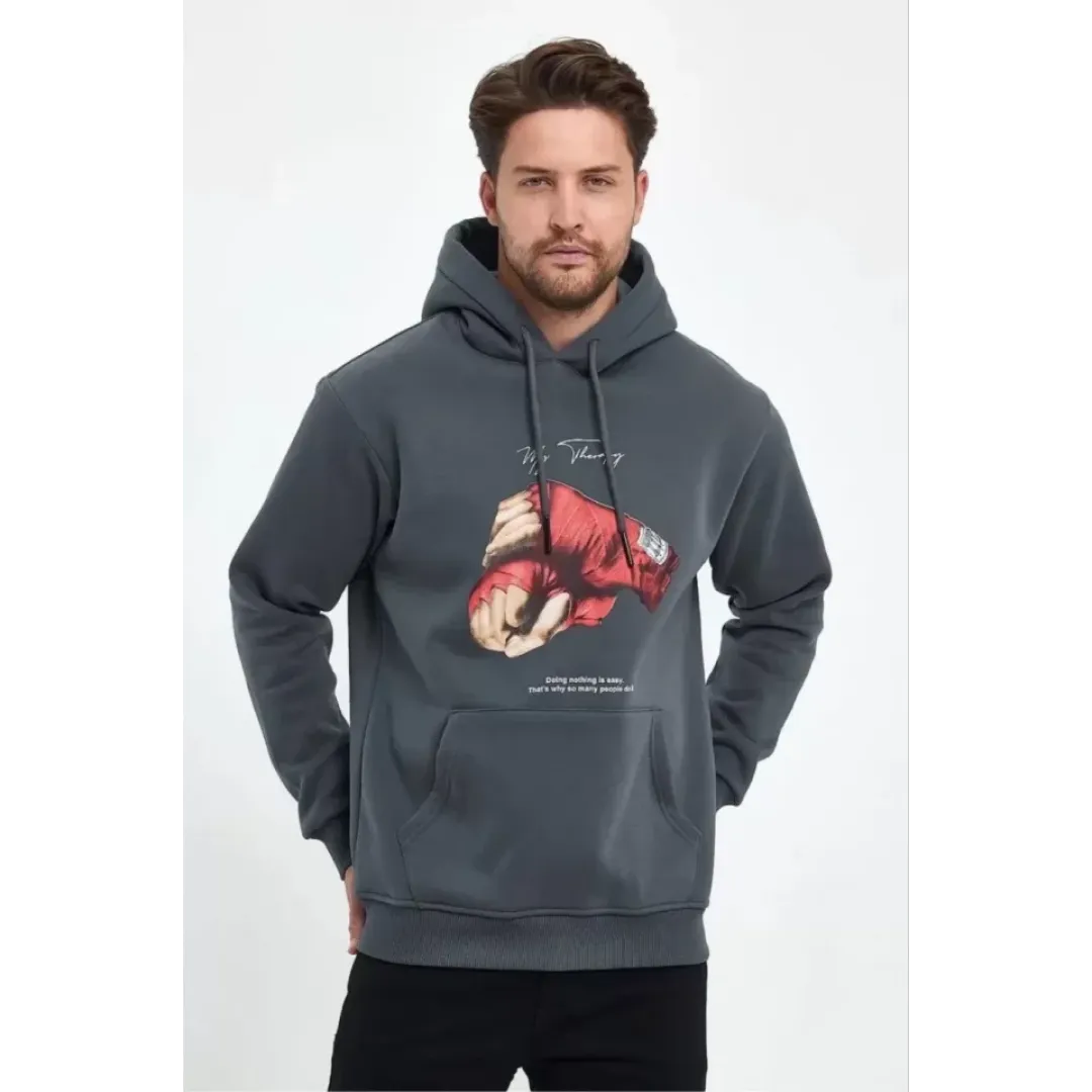 Unisex Kapüşonlu Üç İplik Oversize Baskılı Sweatshirt - Gri - 127625 Unisex Kapüşonlu Üç İplik Oversize Baskılı Sweatshirt - Gri - 127625