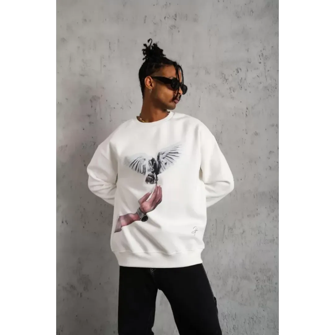 Erkek Güvercin Baskılı Sweatshirt - Beyaz - 129079 Erkek Güvercin Baskılı Sweatshirt - Beyaz - 129079