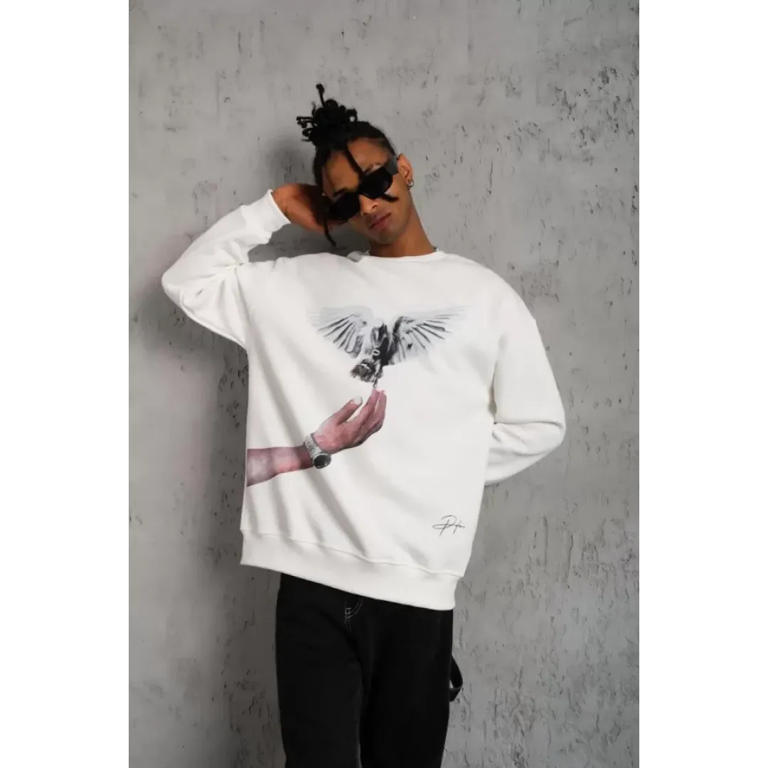 Erkek Güvercin Baskılı Sweatshirt - Beyaz - 129079 Erkek Güvercin Baskılı Sweatshirt - Beyaz - 129079