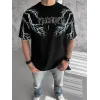 Unisex Bisiklet Yaka Baskılı Oversize T-Shirt - Siyah - 129080 Unisex Bisiklet Yaka Baskılı Oversize T-Shirt - Siyah - 129080
