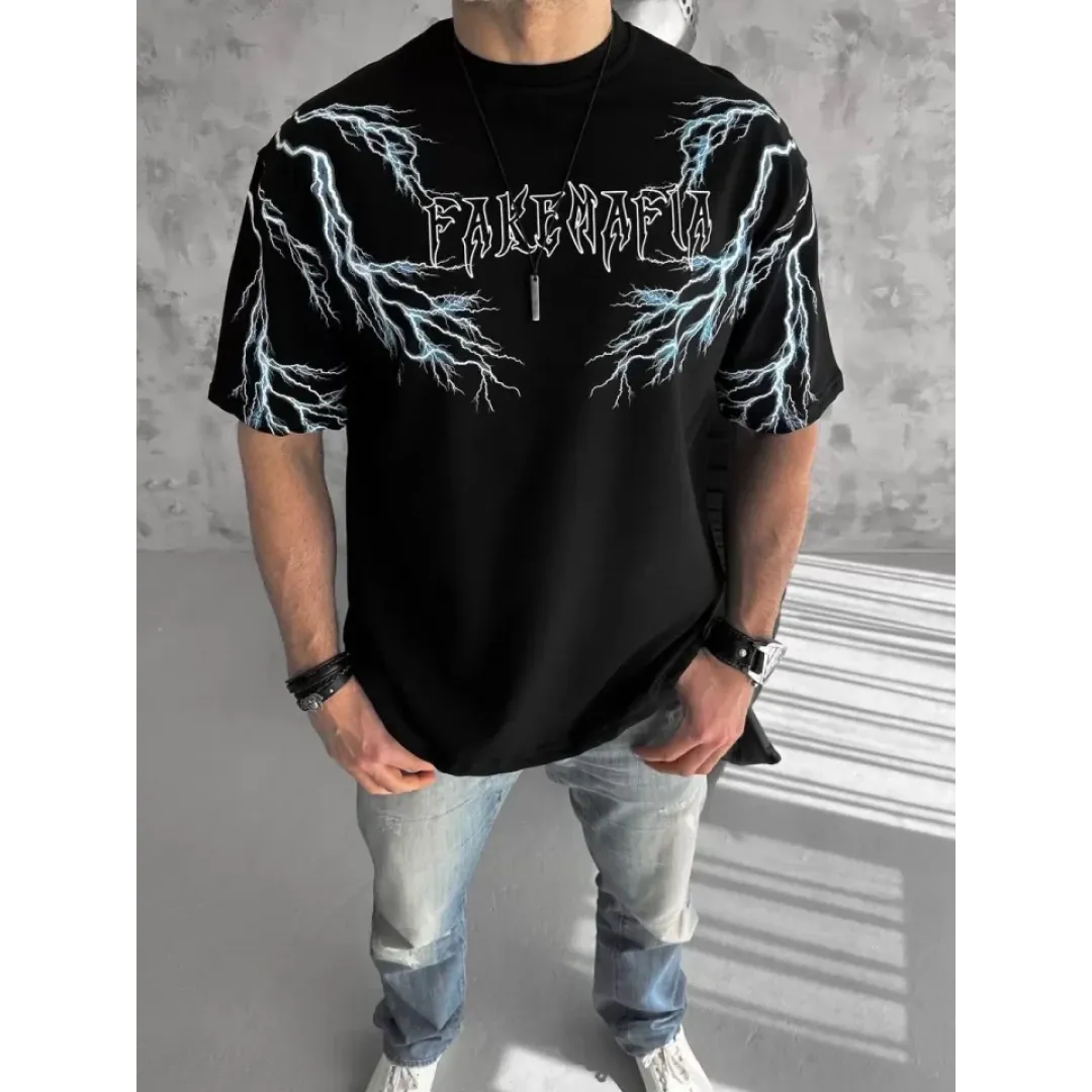 Unisex Bisiklet Yaka Baskılı Oversize T-Shirt - Siyah - 129080 Unisex Bisiklet Yaka Baskılı Oversize T-Shirt - Siyah - 129080