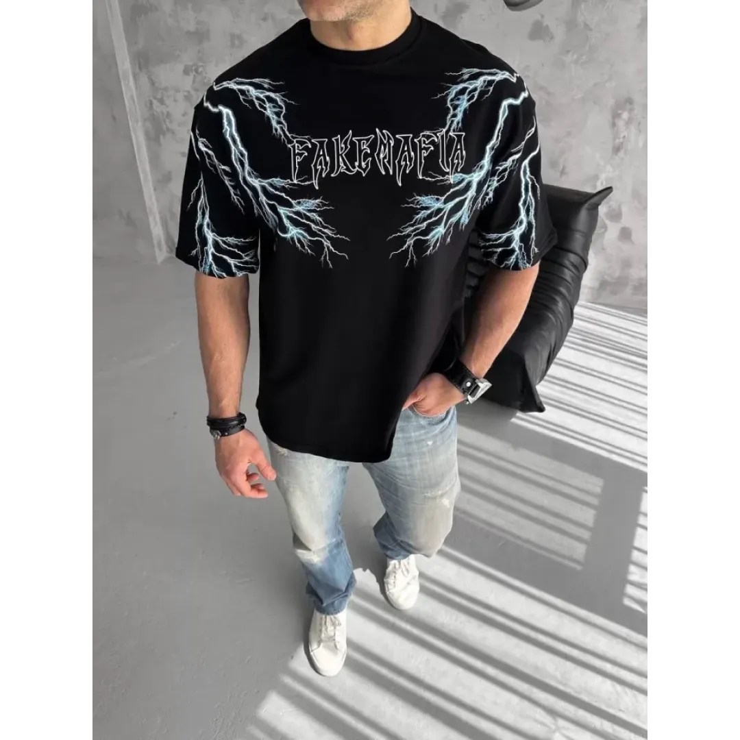 Unisex Bisiklet Yaka Baskılı Oversize T-Shirt - Siyah - 129080 Unisex Bisiklet Yaka Baskılı Oversize T-Shirt - Siyah - 129080