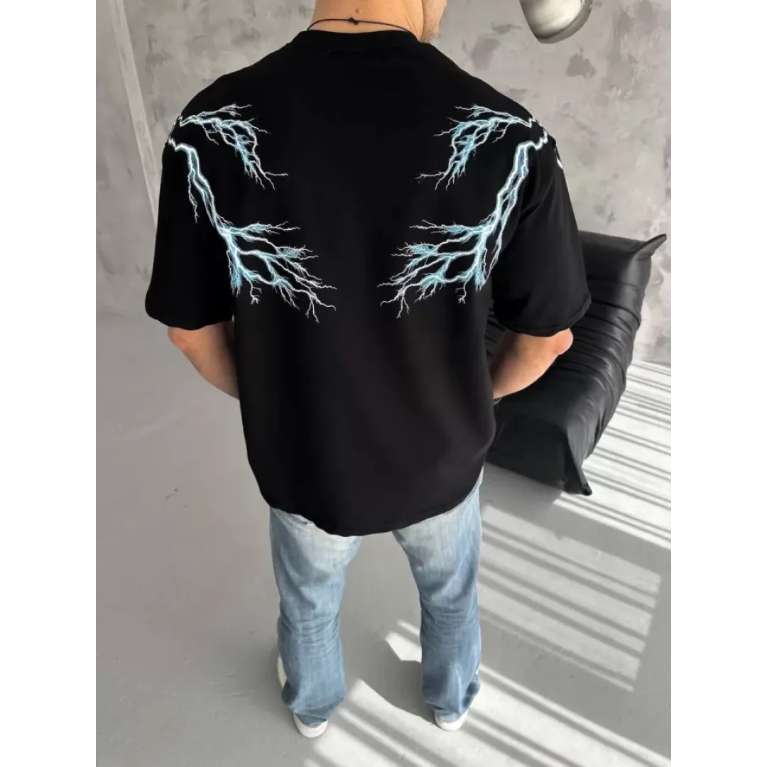 Unisex Bisiklet Yaka Baskılı Oversize T-Shirt - Siyah - 129080 Unisex Bisiklet Yaka Baskılı Oversize T-Shirt - Siyah - 129080