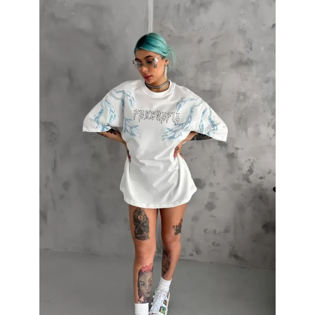 Unisex Bisiklet Yaka Baskılı Oversize T-Shirt - Beyaz - 129081 Unisex Bisiklet Yaka Baskılı Oversize T-Shirt - Beyaz - 129081