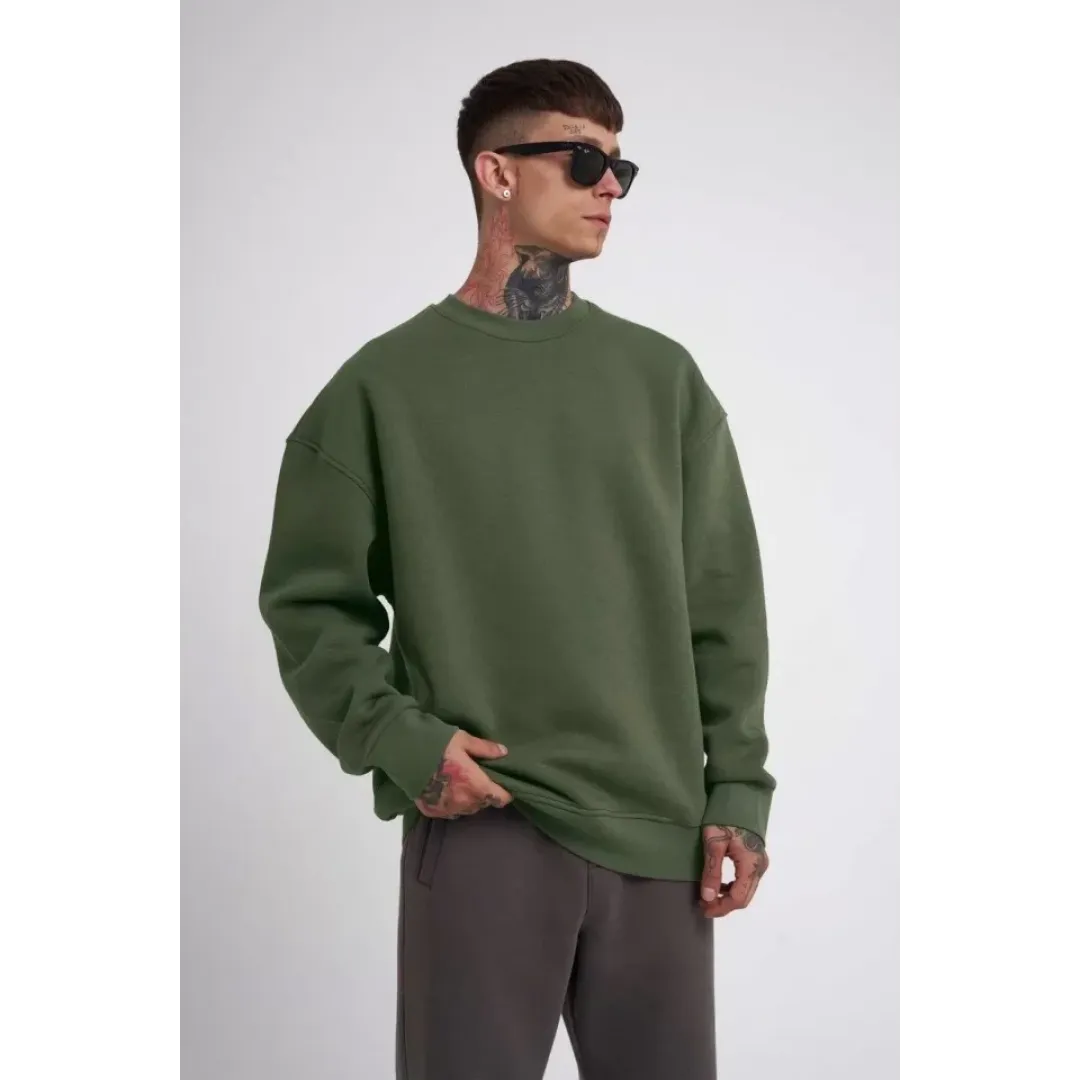 Unisex Biskilet Yaka Üç İplik SweatShirt - Haki - 129428 Unisex Biskilet Yaka Üç İplik SweatShirt - Haki - 129428