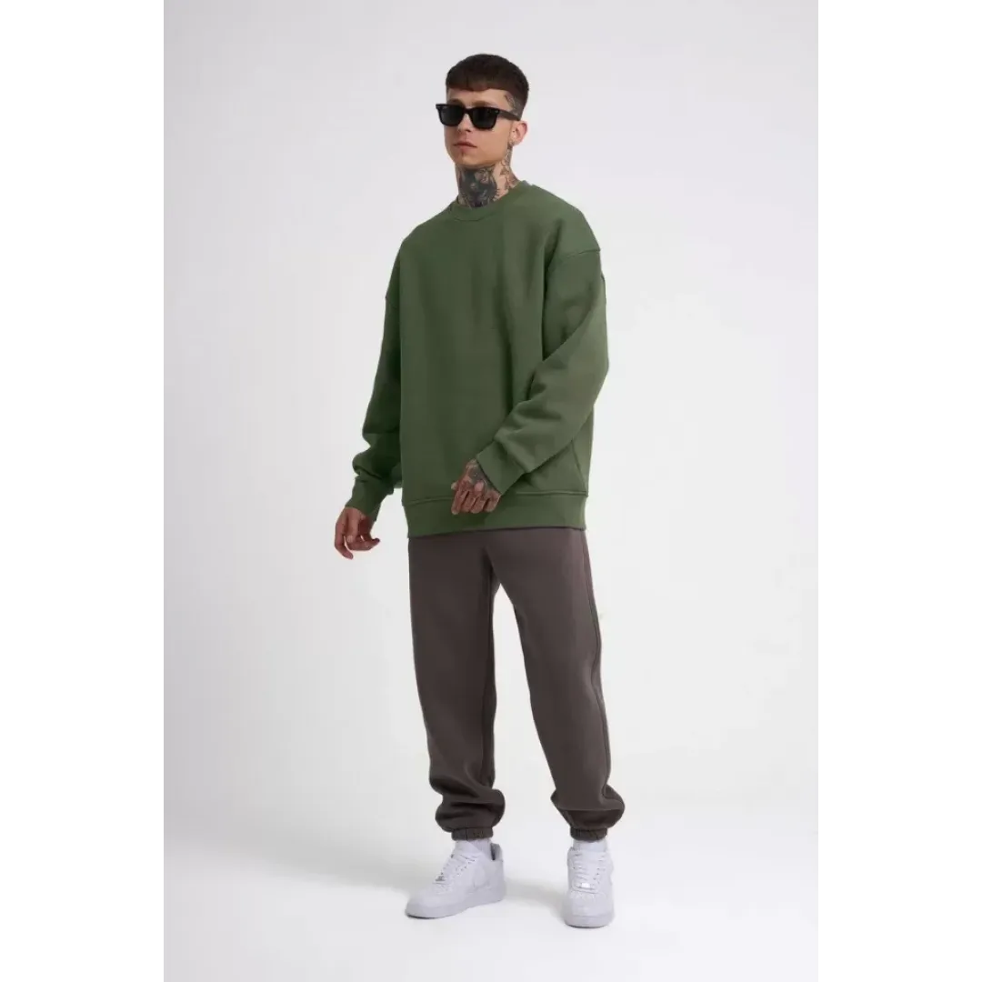 Unisex Biskilet Yaka Üç İplik SweatShirt - Haki - 129428 Unisex Biskilet Yaka Üç İplik SweatShirt - Haki - 129428