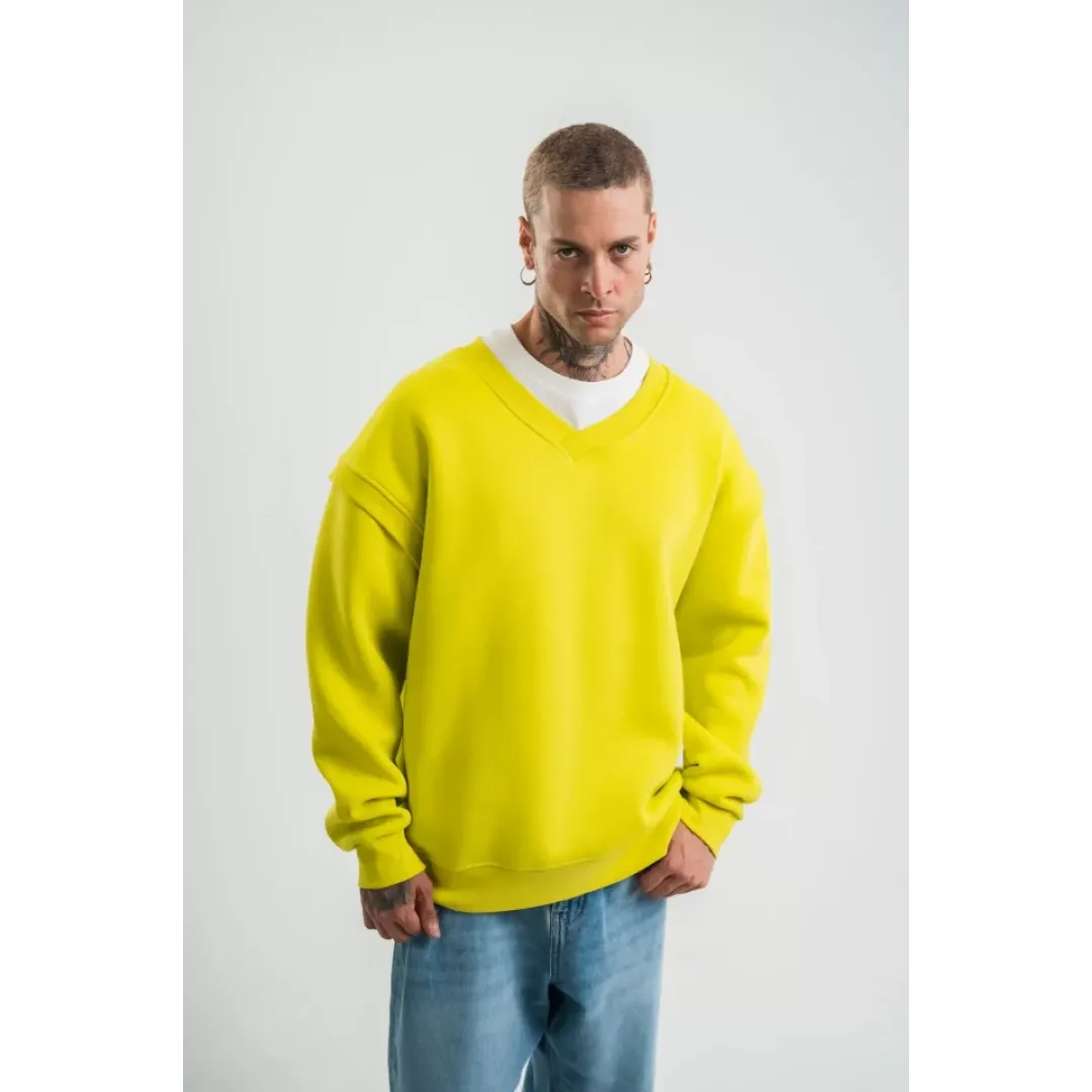 Geniş V Yaka Kol Ribana Detaylı SweatShirt - Sarı - 129656 Geniş V Yaka Kol Ribana Detaylı SweatShirt - Sarı - 129656