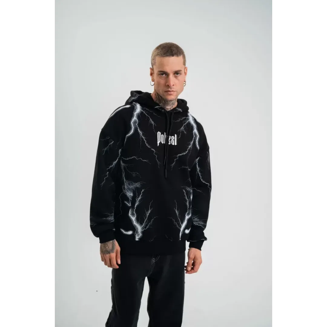 Double Oversize Kapşonlu Şimşek Pano Baskılı SweatShirt - Siyah - 129893 Double Oversize Kapşonlu Şimşek Pano Baskılı SweatShirt - Siyah - 129893