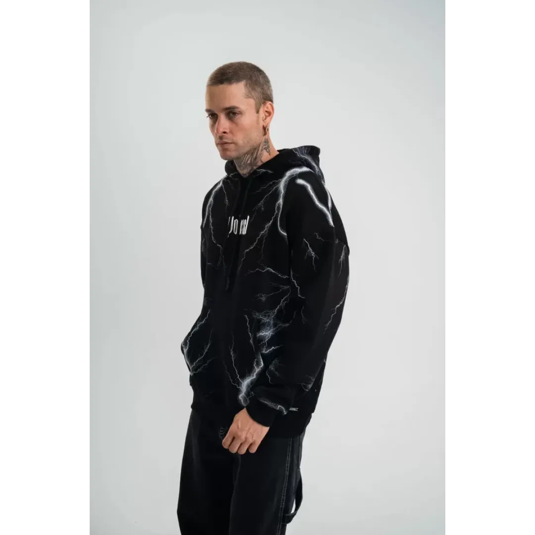 Double Oversize Kapşonlu Şimşek Pano Baskılı SweatShirt - Siyah - 129893 Double Oversize Kapşonlu Şimşek Pano Baskılı SweatShirt - Siyah - 129893