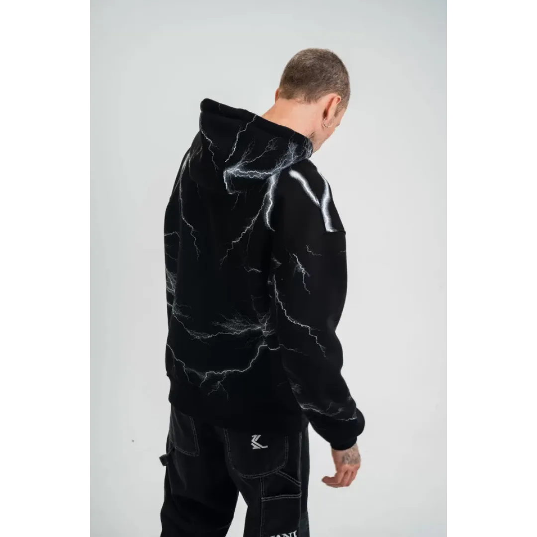 Double Oversize Kapşonlu Şimşek Pano Baskılı SweatShirt - Siyah - 129893 Double Oversize Kapşonlu Şimşek Pano Baskılı SweatShirt - Siyah - 129893