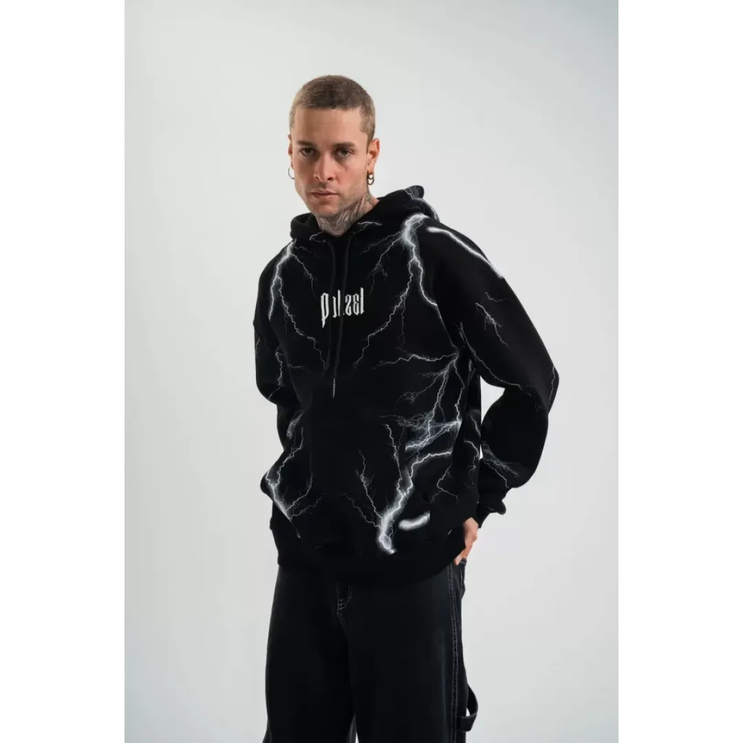 Double Oversize Kapşonlu Şimşek Pano Baskılı SweatShirt - Siyah - 129893 Double Oversize Kapşonlu Şimşek Pano Baskılı SweatShirt - Siyah - 129893