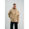 Double Oversize Kapşonlu Şimşek Pano Baskılı SweatShirt - Bej - 129894